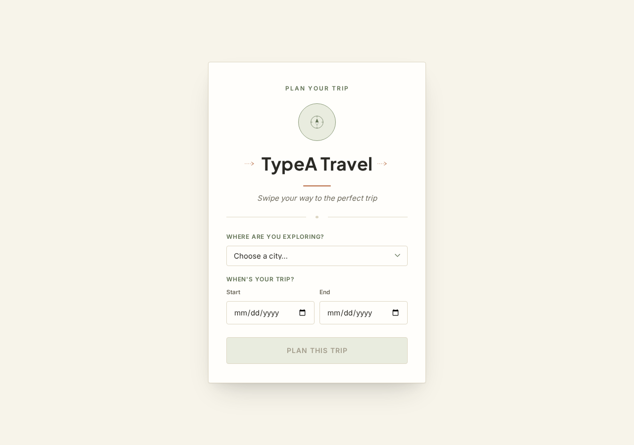 TypeA Travel app home screen